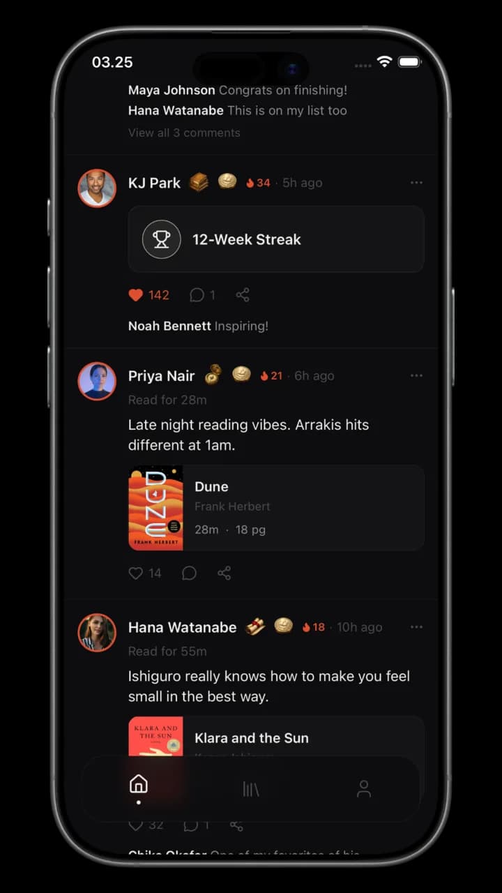 ReadersGuild feed showing reading sessions from people you follow