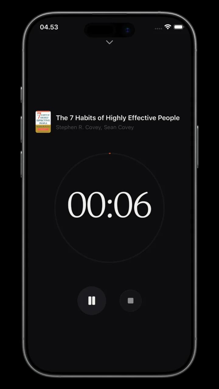 Reading session timer, a calm companion with book context and simple pause and stop