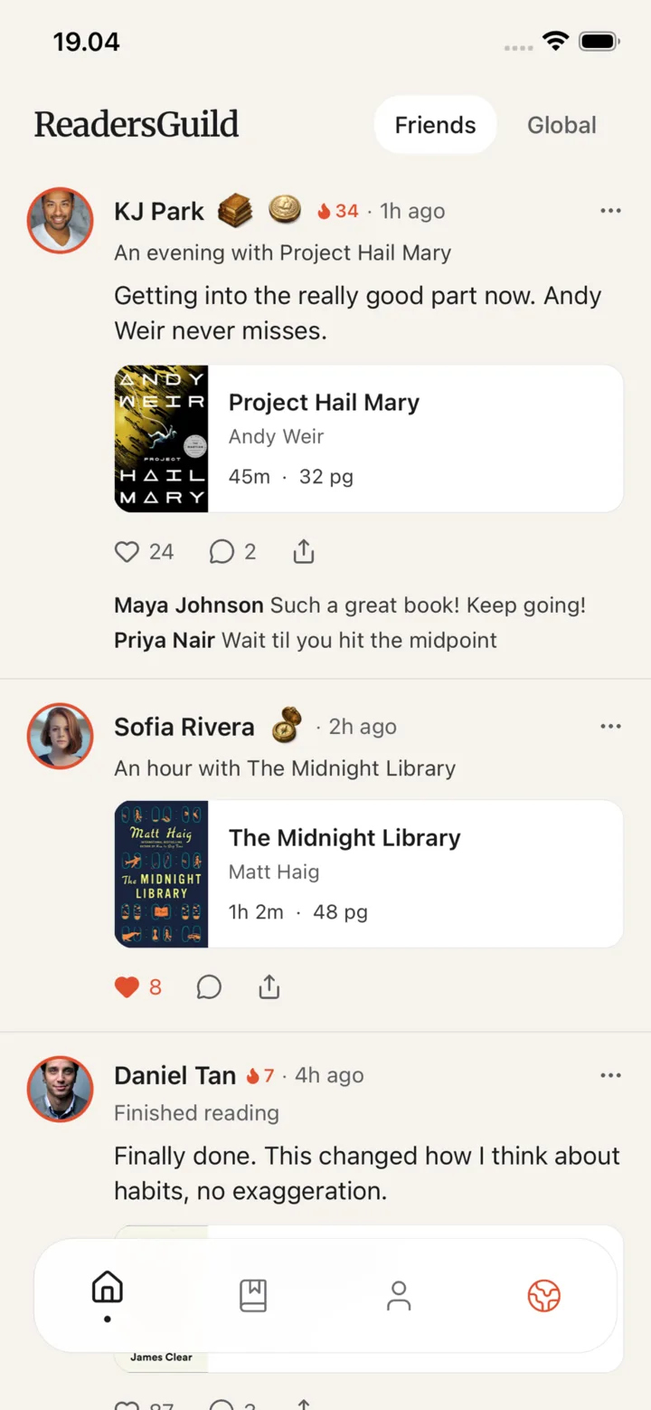 The ReadersGuild feed, showing friends' recent reading sessions.