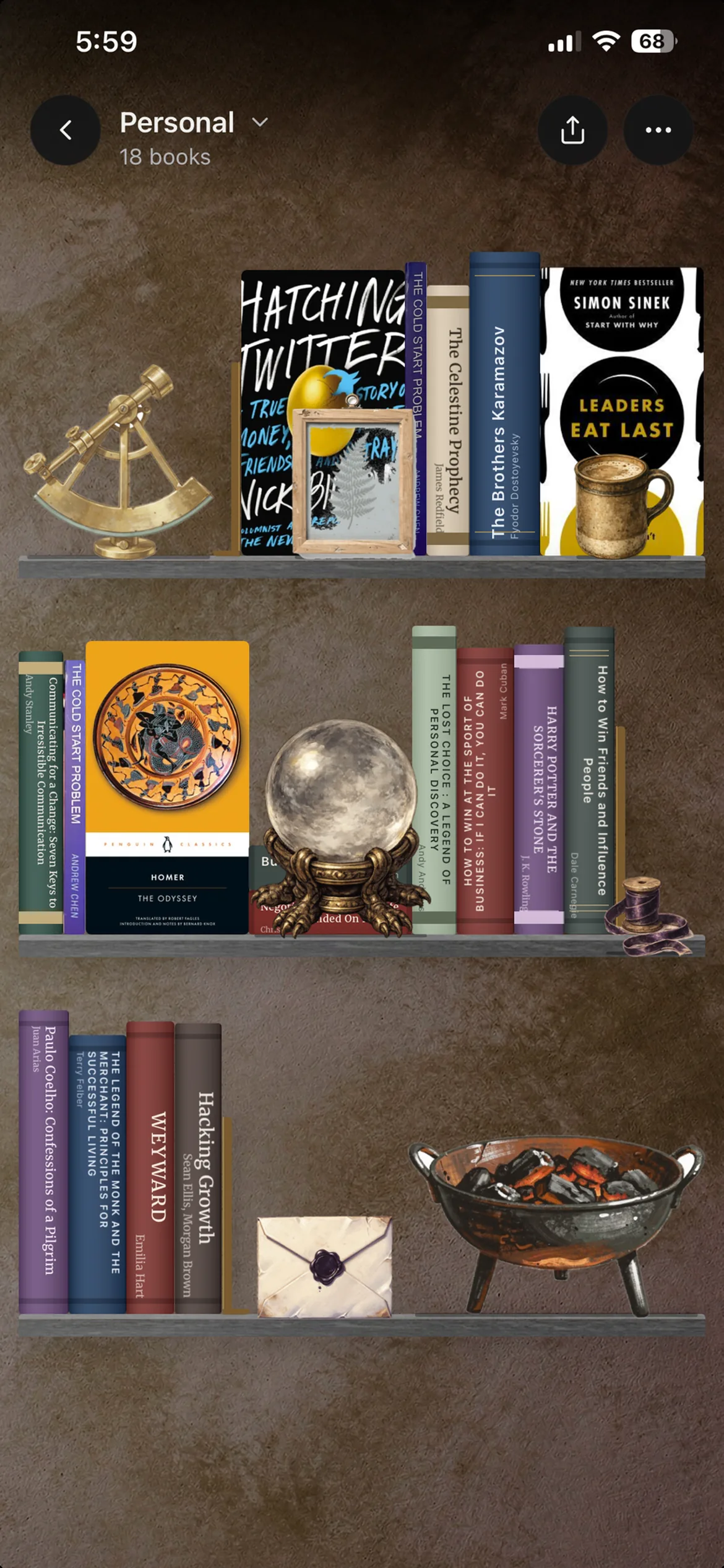 A decorated ReadersGuild bookshelf: eighteen books, a sextant, a crystal ball.