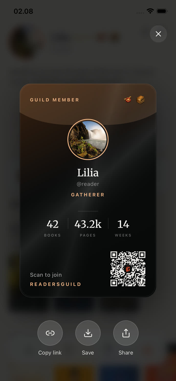 A foiled guild member card with a reader's name, books and hours.